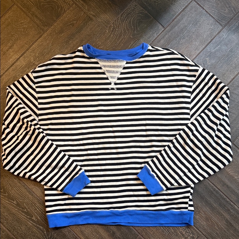 We The Free Black and White Striped Sweater with Blue Trim